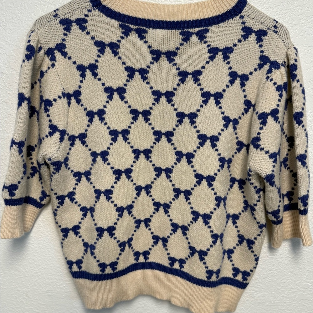 THML Blue Bow Lattice Short Sleeve Knit Sweater Cream Navy Preppy Cottagecore - Picture 6 of 9